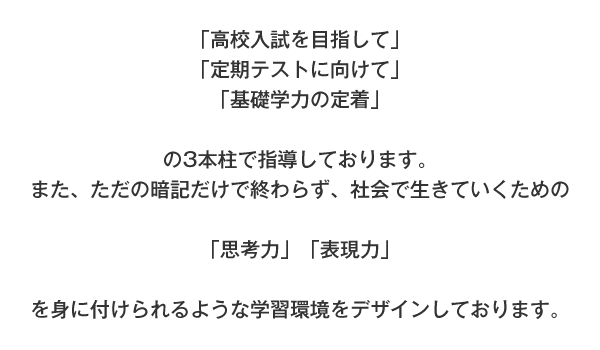 「高校入試を目指して」「定期テストに向けて」「基礎学力の定着」の3本柱で指導しております。また、ただの暗記だけで終わらず、社会で生きていくための「思考力」「表現力」を身に付けられるような学習環境をデザインしております。