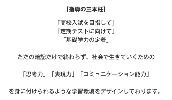 「高校入試を目指して」「定期テストに向けて」「基礎学力の定着」ただの暗記だけで終わらず、社会で生きていくための「思考力」「表現力」「コミュニケーション能力」を身に付けられるような学習環境をデザインしております。