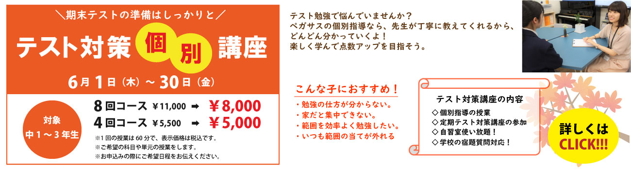 大分県大分市の学習塾 個別指導なら学習塾ペガサス明野教室へお任せ下さい。負けない学力を手に入れるのは今！ペガサス明野の勉強法！！ テスト対策個別講座 PC用広告宣伝画像